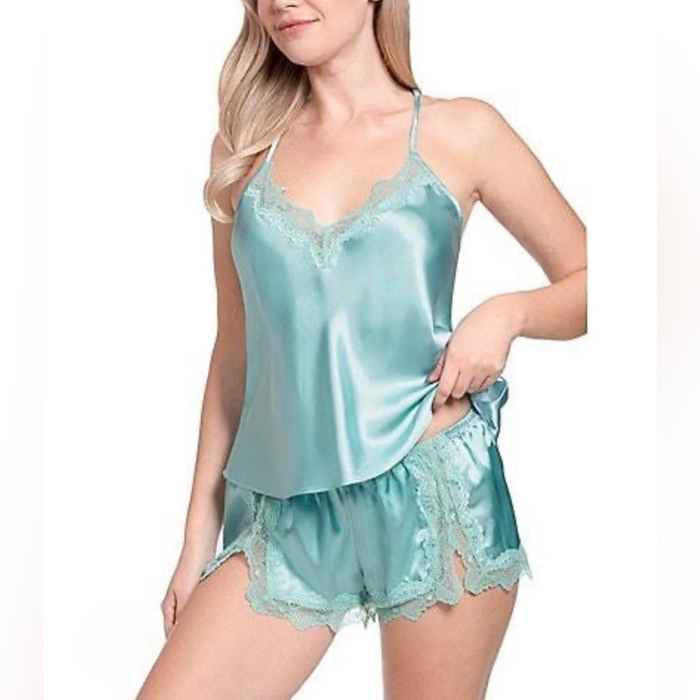 In Bloom by Jonquil Solid Satin Lace Sleeveless Shorty Pajama Set Jungle Green S